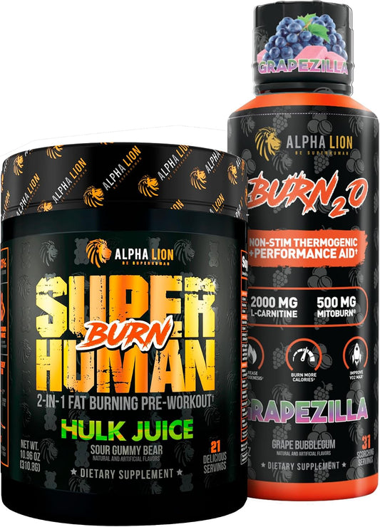 ALPHA LION Stubborn Fat Loss Stack – Superhuman Burn Pre Workout + Burn2O Liquid L-Carnitine 2000mg (Grapezilla) – 2-in-1 Thermogenic Fat Burning Stack for Men & Women