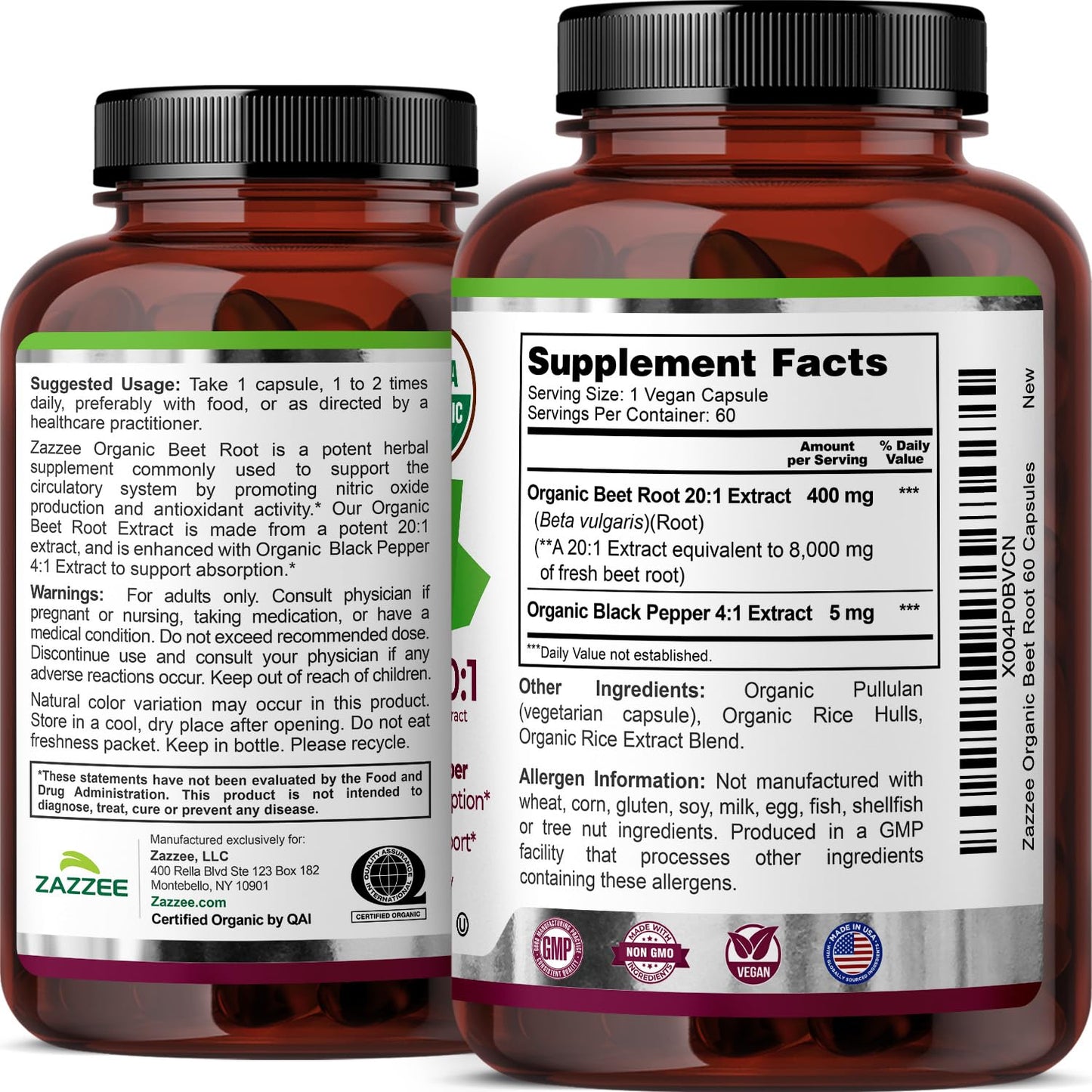 Zazzee USDA Organic Beet Root 20:1 Extract, 120 Quick Release Capsules | 4 Month Supply, Vegan, Nitric Oxide Support, Black Pepper Extract for Enhanced Absorption, Certified Kosher, Made in the USA Gsupps Australia