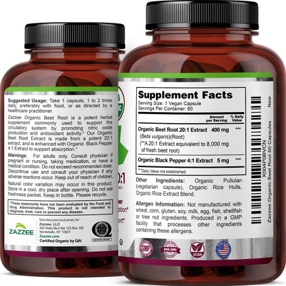 Zazzee USDA Organic Beet Root 20:1 Extract, 120 Quick Release Capsules | 4 Month Supply, Vegan, Nitric Oxide Support, Black Pepper Extract for Enhanced Absorption, Certified Kosher, Made in the USA Gsupps Australia