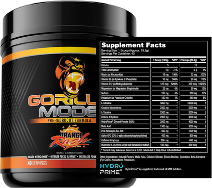 Gorilla Mind Pre Workout (Orange Rush) + Creatine (100 Serv.) - Comprehensive Stack for Improved Strength, Power Output, and Muscle Size