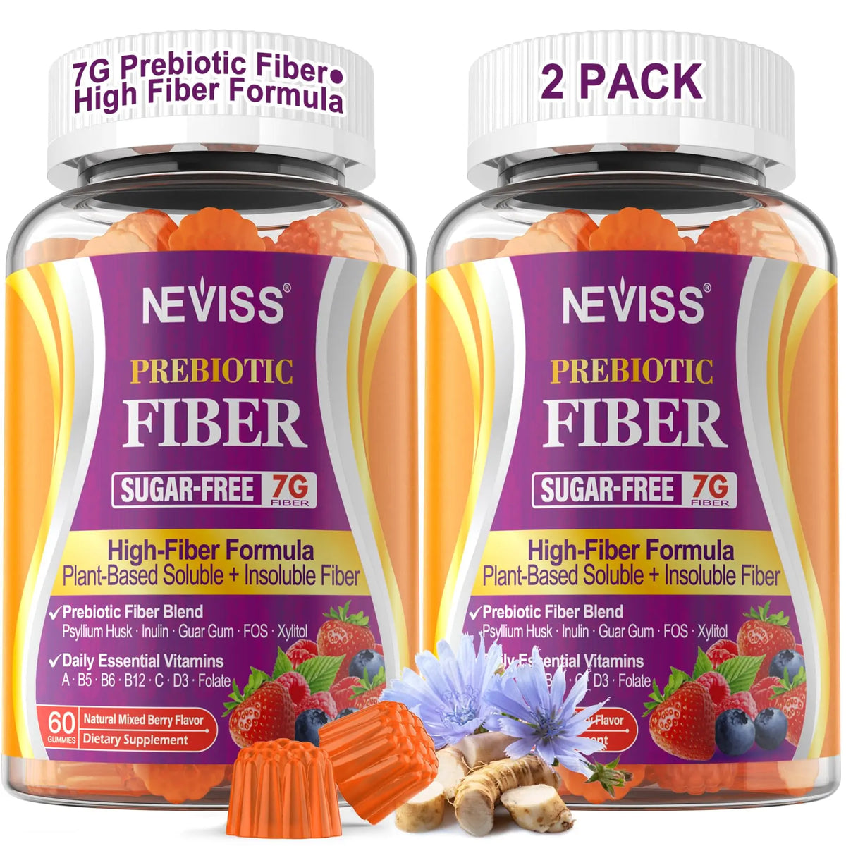 Fiber Gummies for Adults with Psyllium Husk, 7G(Soluble + Insoluble) Daily Prebiotic Fiber with Inulin, FOS, Guar Gum, Multivitamins for Daily Digestive Health, NEVISS