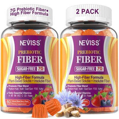 Fiber Gummies for Adults with Psyllium Husk, 7G(Soluble + Insoluble) Daily Prebiotic Fiber with Inulin, FOS, Guar Gum, Multivitamins for Daily Digestive Health, NEVISS