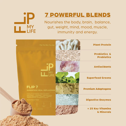 Flip My Life, Flip 7 Natural SuperFood, Plant-Based Protein, Complete Meal Replacement to Support Healthy Gut, 7 Mega Nutrient Rich Blends all in one to AGE BETTER - Peanut Butter Flip My Life