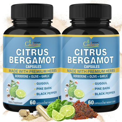 Cadane 2 Packs Citrus Bergamot Extract Capsules with Berberine, Olive, Guggul, Garlic, Pine Bark, Black Pepper | 4 Months Supply Organic Cadane