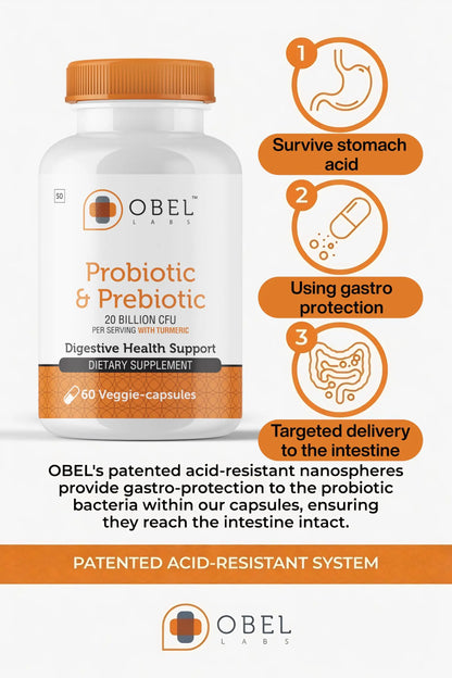 obel Probiotic & Prebiotic Supplement with Turmeric | 20 Billion CFU | 60 Capsules (30 Day Supply) | 4 Strains | Supports Digestion obel