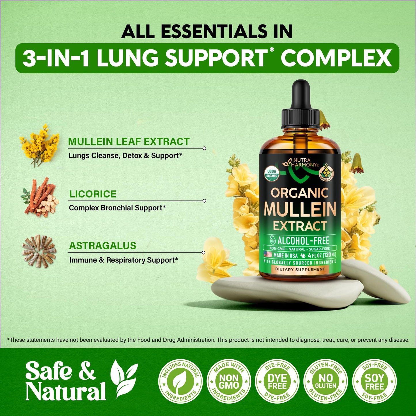 Mullein Drops for Lungs - USDA Organic Liquid - Mullein Leaf Extract Supplement - Made in USA - Lung & Bronchial Cleanse for Smokers - Respiratory Health Support NUTRAHARMONY