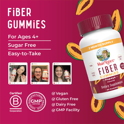 MARYRUTH'S Fiber Gummies for Kids | 2 Month Supply | Sugar Free | Kids Fiber Gummies Ages 4+ | Soluble Fiber Supplement | Gut Health & Digestion Support | 3g Fiber per Gummy | Vegan | 60 Count