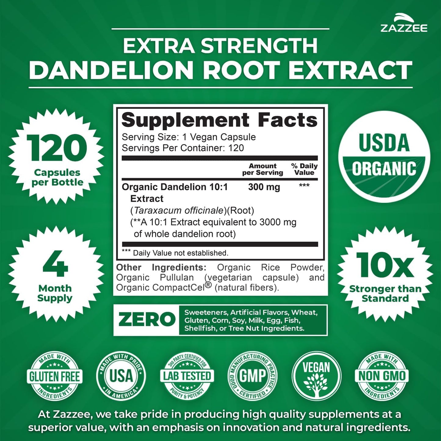 Zazzee USDA Organic Dandelion Root 10:1 Extract, 120 Capsules | 4 Month Supply, Liver & Detox Support, Taraxacum Officinale, Organic Herbal Supplement, All-Natural, Non-GMO, Made in the USA Gsupps Australia