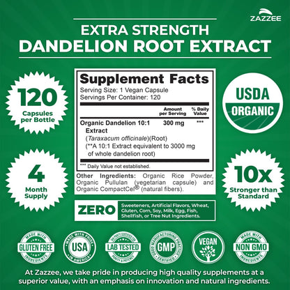 Zazzee USDA Organic Dandelion Root 10:1 Extract, 120 Capsules | 4 Month Supply, Liver & Detox Support, Taraxacum Officinale, Organic Herbal Supplement, All-Natural, Non-GMO, Made in the USA Gsupps Australia