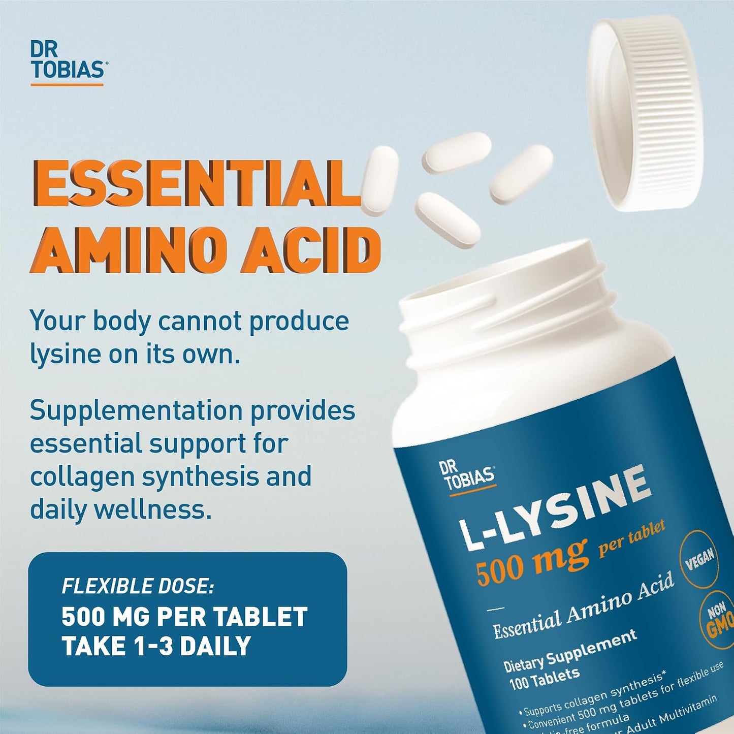 Dr. Tobias L-Lysine 500 mg Tablets | Essential Amino Acid for Daily Wellness | Supports Collagen Synthesis* | Vegan, Non-GMO, Gelatin-Free Lysine Supplement | 100 Tablets
