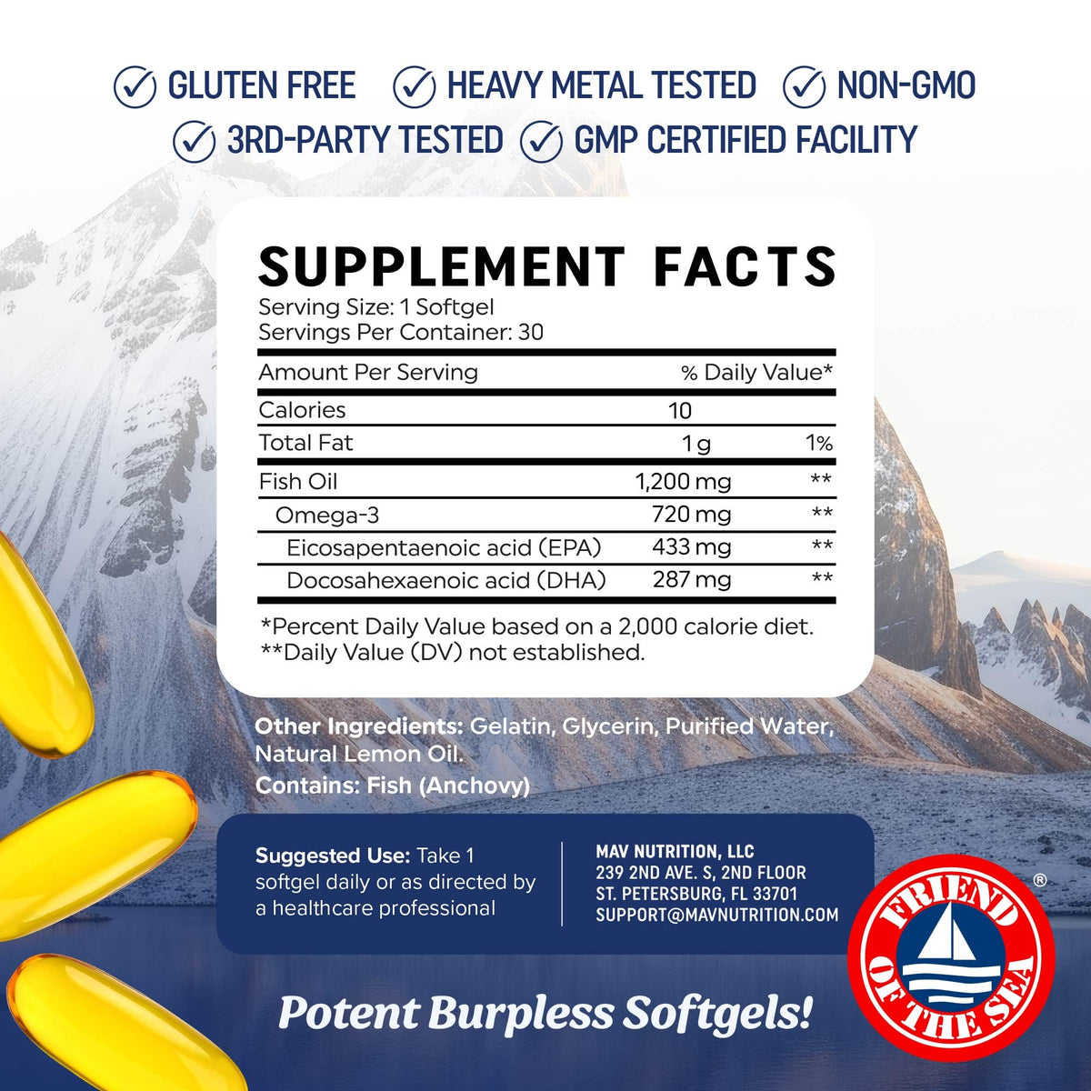 Triple Strength Omega 3 Fish Oil 1200 mg | EPA & DHA | Wild Caught, Sustainably Sourced Omega-3 Fatty Acids | Premium Burpless Fish Oil Supplements MAV NUTRITION