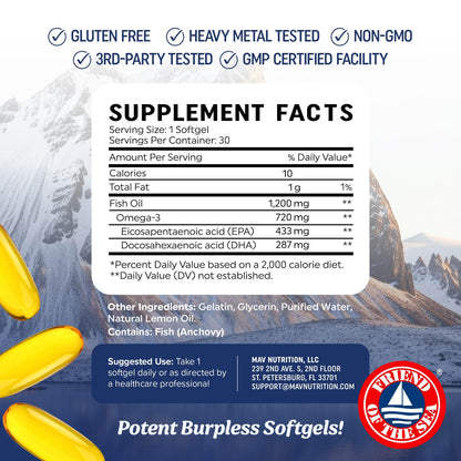Triple Strength Omega 3 Fish Oil 1200 mg | EPA & DHA | Wild Caught, Sustainably Sourced Omega-3 Fatty Acids | Premium Burpless Fish Oil Supplements MAV NUTRITION