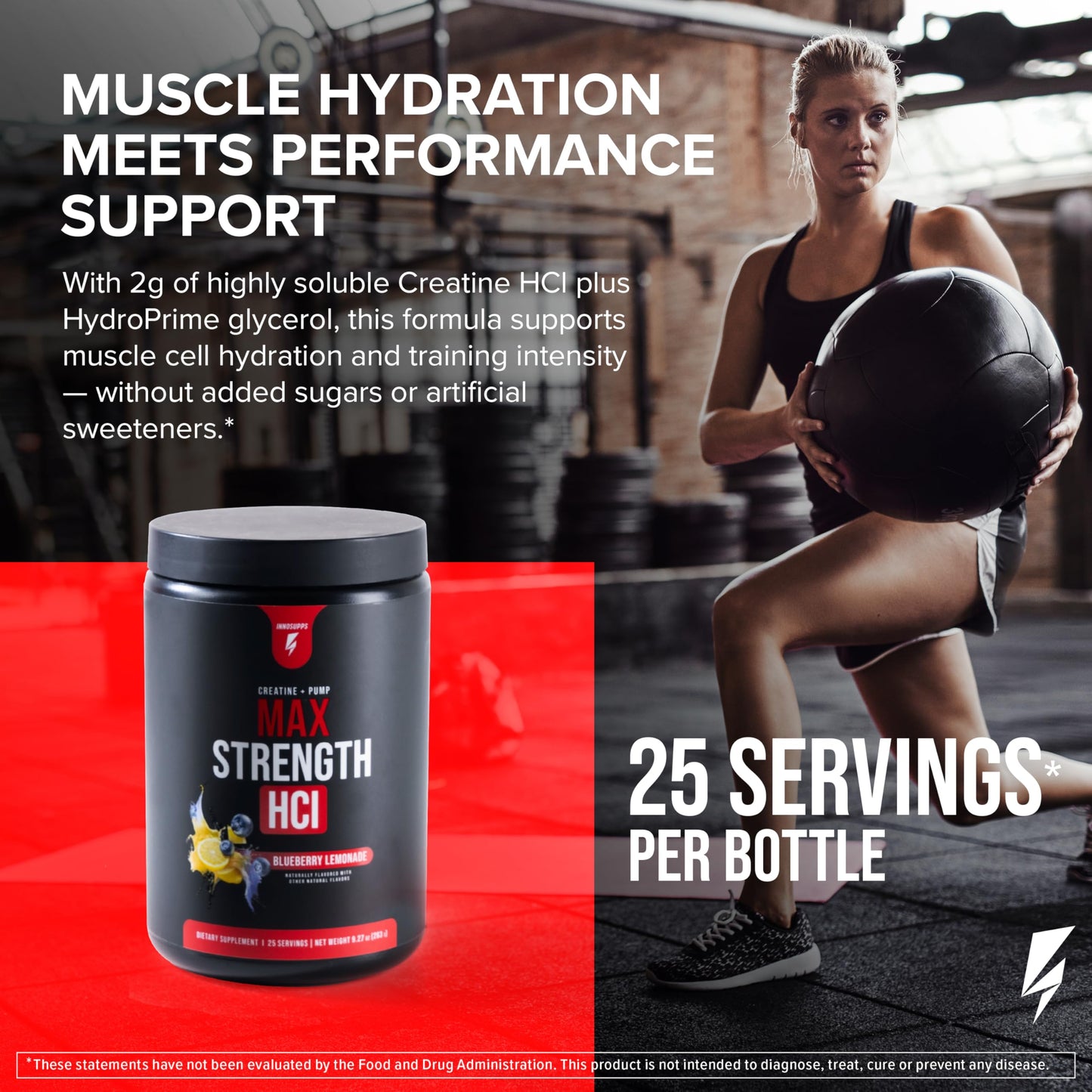 Max Strength HCl - Pre Workout Creatine HCl Powder for Muscle Growth, Endurance & Recovery - No Bloat, Superior Absorption - Pre and Post Workout Supplement for Men & Women (Blueberry Lemonade)