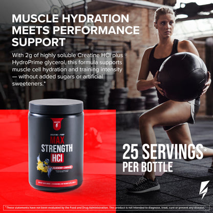 Max Strength HCl - Pre Workout Creatine HCl Powder for Muscle Growth, Endurance & Recovery - No Bloat, Superior Absorption - Pre and Post Workout Supplement for Men & Women (Blueberry Lemonade)