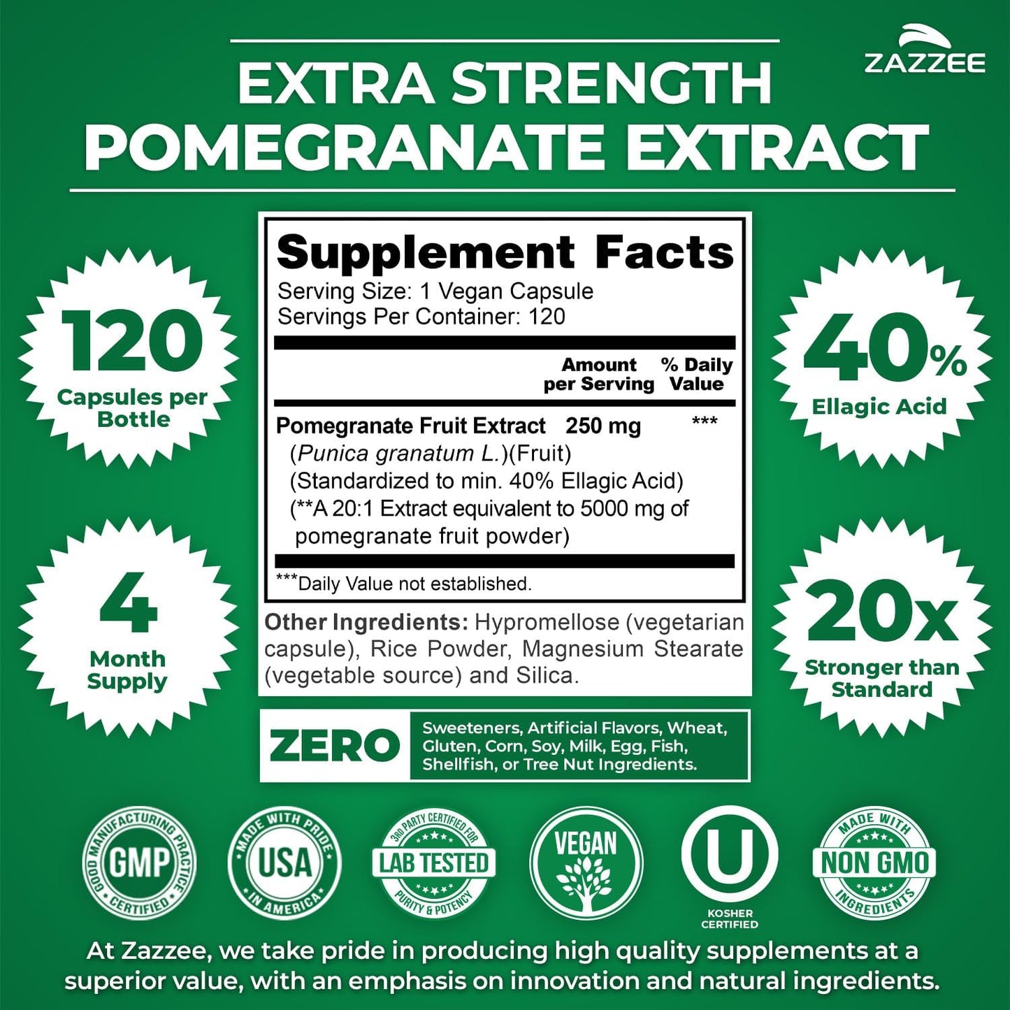 Zazzee Extra Strength Pomegranate 20:1 Extract, 120 Vegan Capsules | 40% Ellagic Acid, 4 Month Supply, Punica Granatum, Antioxidant & Cellular Health Support, Non-GMO, Made in the USA Gsupps Australia