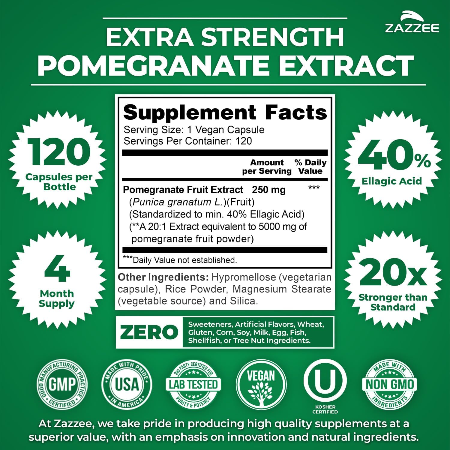 Zazzee Extra Strength Pomegranate 20:1 Extract, 120 Vegan Capsules | 40% Ellagic Acid, 4 Month Supply, Punica Granatum, Antioxidant & Cellular Health Support, Non-GMO, Made in the USA Gsupps Australia