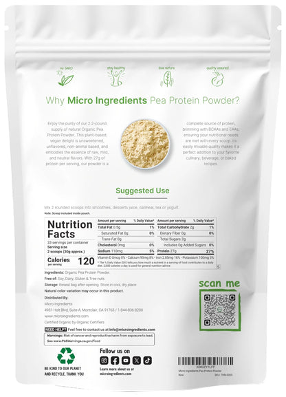 North America Grown, Organic Pea Protein Powder, 1KG (2.2 Pounds) | Plant-Based Vegan Protein, Meatless Protein Supplement, Natural Branched Chain Amino Acids | Non-GMO, Soy Free Micro Ingredients