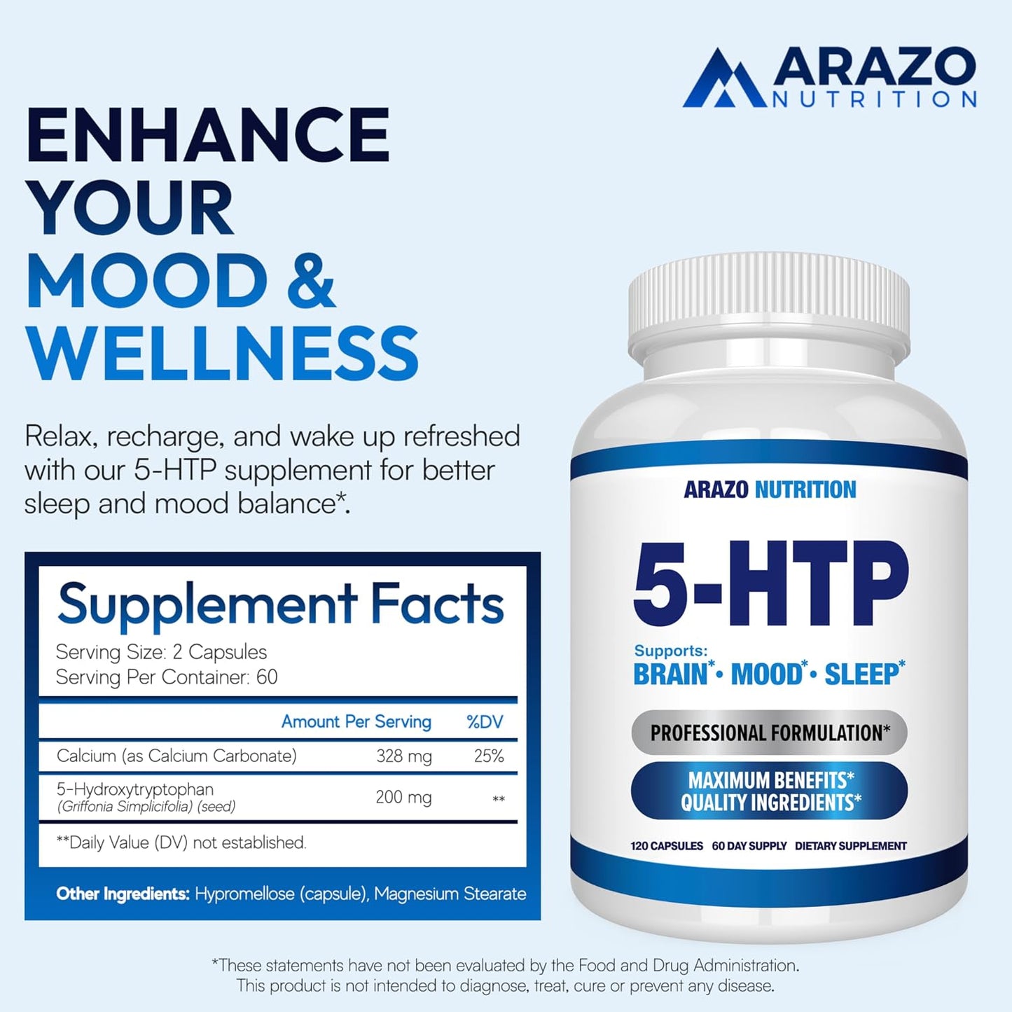 5-HTP 200 MG Per Serving Plus Calcium for Mood, Sleep – Supports Calm and Relaxed Mood – 99% High Purity – 120 Capsules – Arazo Nutrition Gsupps Australia