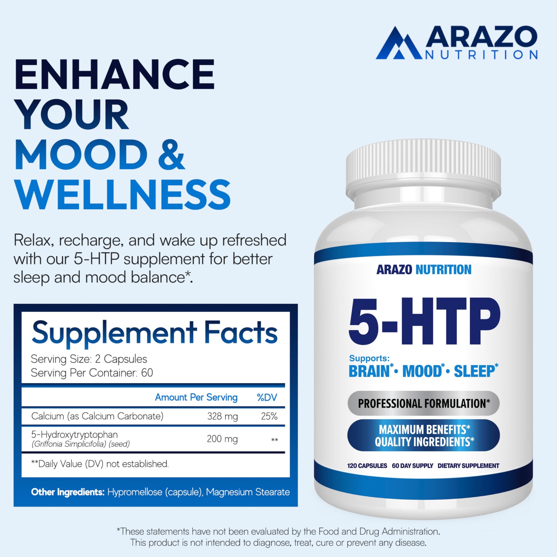 5-HTP 200 MG Per Serving Plus Calcium for Mood, Sleep – Supports Calm and Relaxed Mood – 99% High Purity – 120 Capsules – Arazo Nutrition Arazo Nutrition buy australia supplements