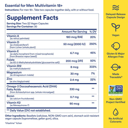 Ritual Men’s 18+ Daily Multivitamin - Key Essential Vitamins and Minerals to Support Energy, Muscle, Heart, Brain Health* - Including Zinc, D3, B12, A, K2 - Vegan - Mint - 60 Capsules - 30 Servings