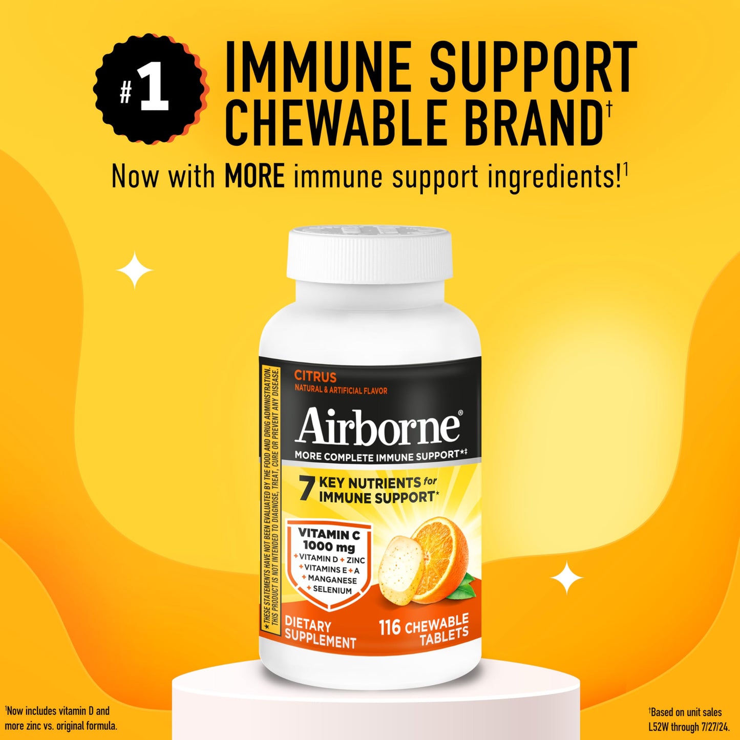 Airborne Vitamin C 1000mg (per Serving) - Citrus Chewable Tablets (116 Count in a Bottle), Gluten-Free Immune Support Supplement, with Vitamins A C E, Zinc, Selenium Airborne