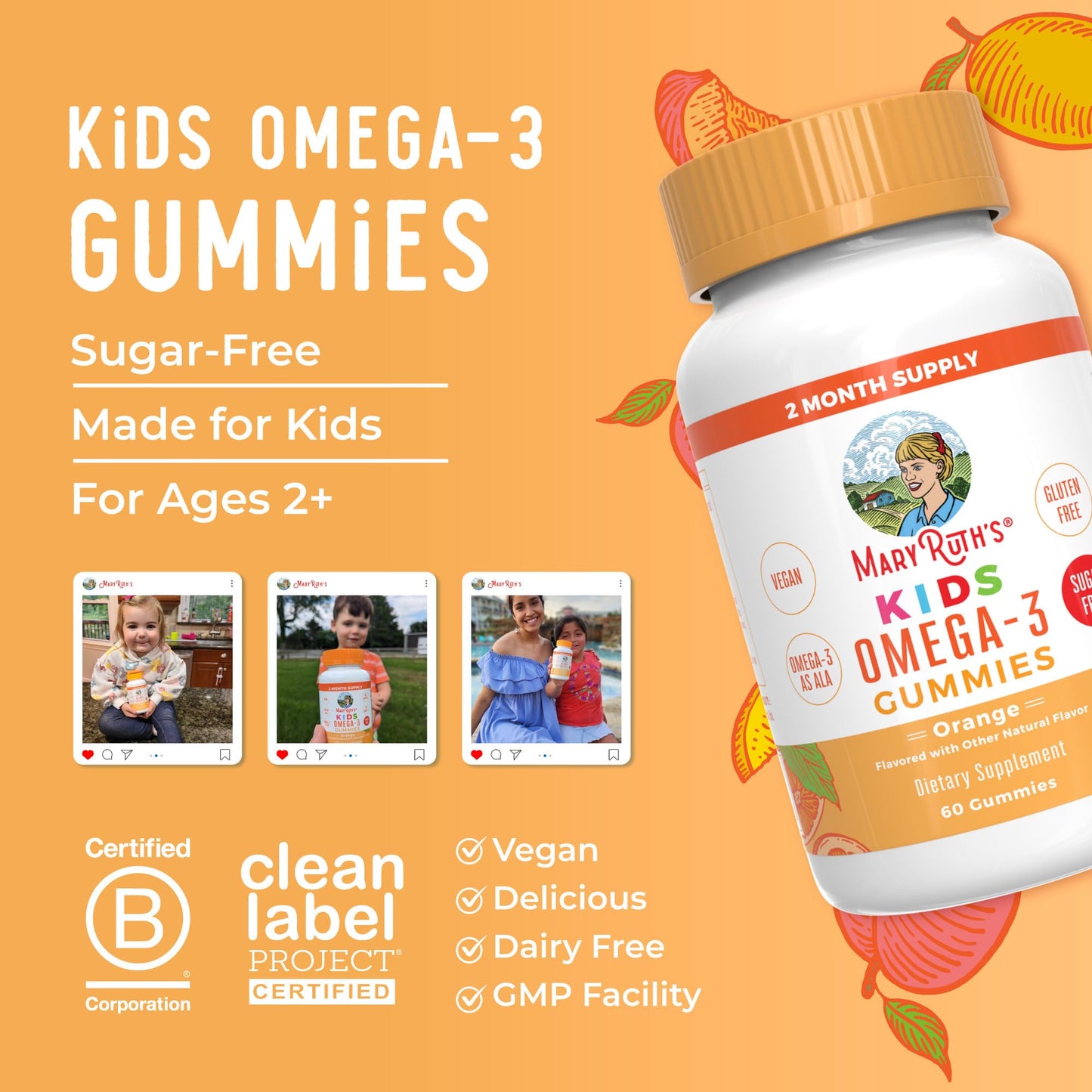 MARYRUTH'S Vegan Omega 3 Gummies for Kids 2+, 2 Month Supply, Sugar Free, Omega 3 Supplement with Vitamin C, Flaxseed Oil, Immune Support MARYRUTH'S