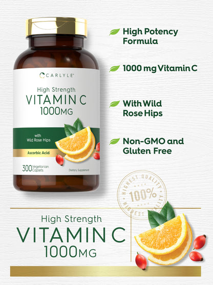 Carlyle Vitamin C 1000mg | 300 Vegetarian Caplets | Ascorbic Acid with Wild Rose Hips | High Strength Formula Carlyle