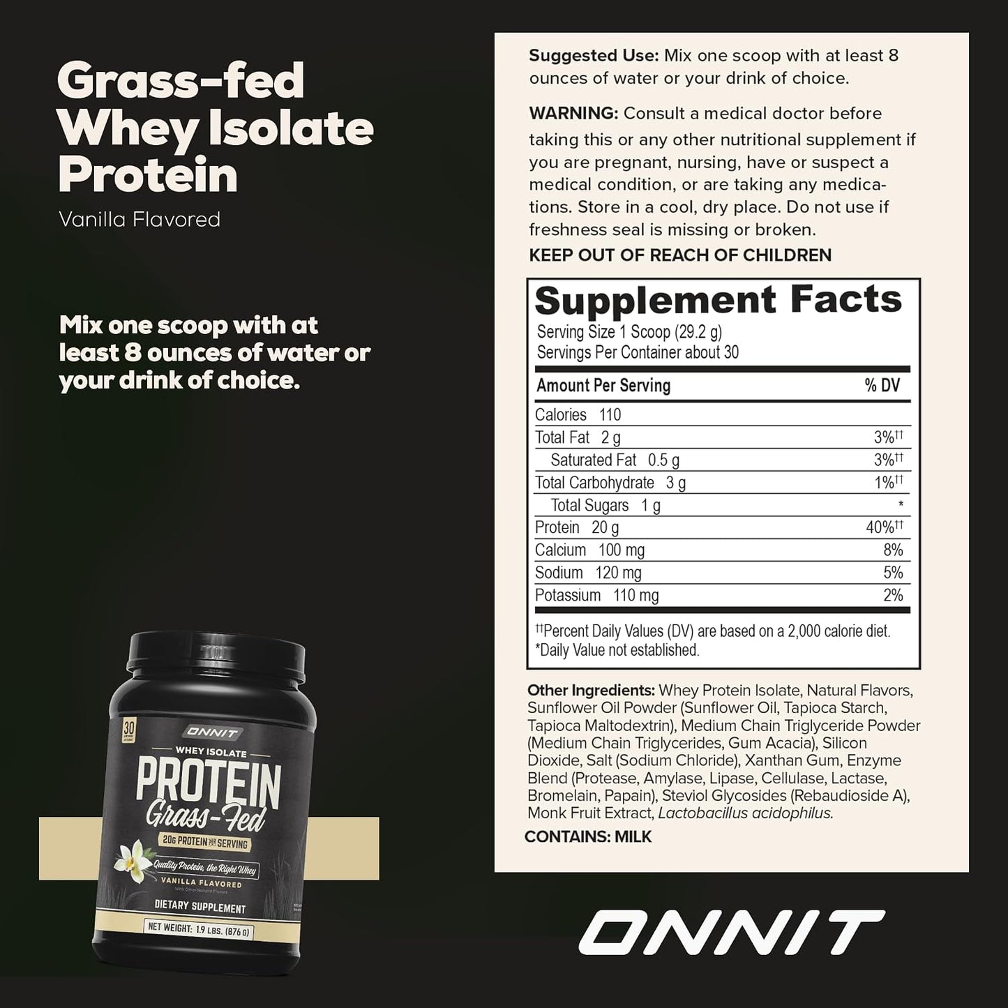 ONNIT Grass Fed Whey Isolate Protein Powder, Vanilla Flavor, Whey Protein Powder Dietary Supplement to Support Muscle Gain and Workout Recovery, 30 Servings per Tub, 30.7 oz