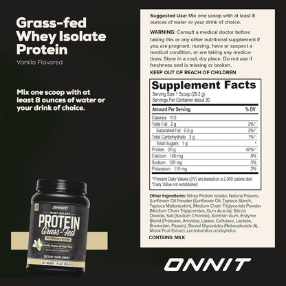 ONNIT Grass Fed Whey Isolate Protein Powder, Vanilla Flavor, Whey Protein Powder Dietary Supplement to Support Muscle Gain and Workout Recovery, 30 Servings per Tub, 30.7 oz