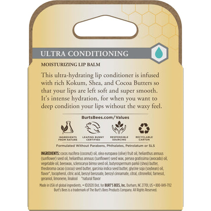 Burt's Bees Lip Balm, Moisturizing Lip Care, 100% Natural Origin, Ultra Conditioning with Shea, Cocoa & Kokum Butter (4 Pack) Burt's Bees