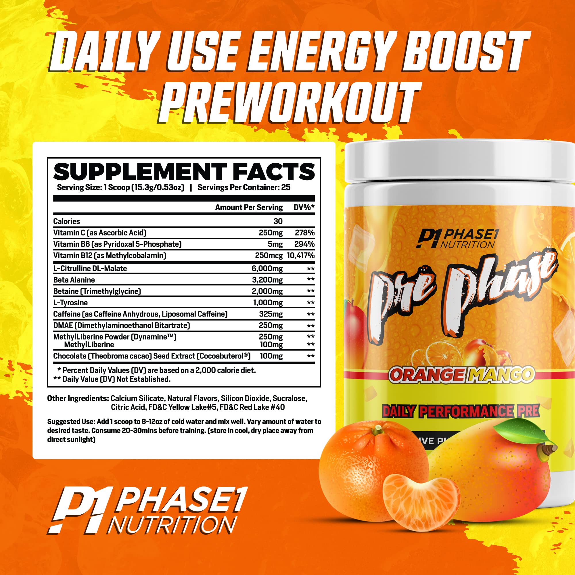 Pre Phase Daily Driver Orange Mango Pre Workout with 325mg Caffeine, Vitamin B12 Phase One Nutrition buy australia supplements