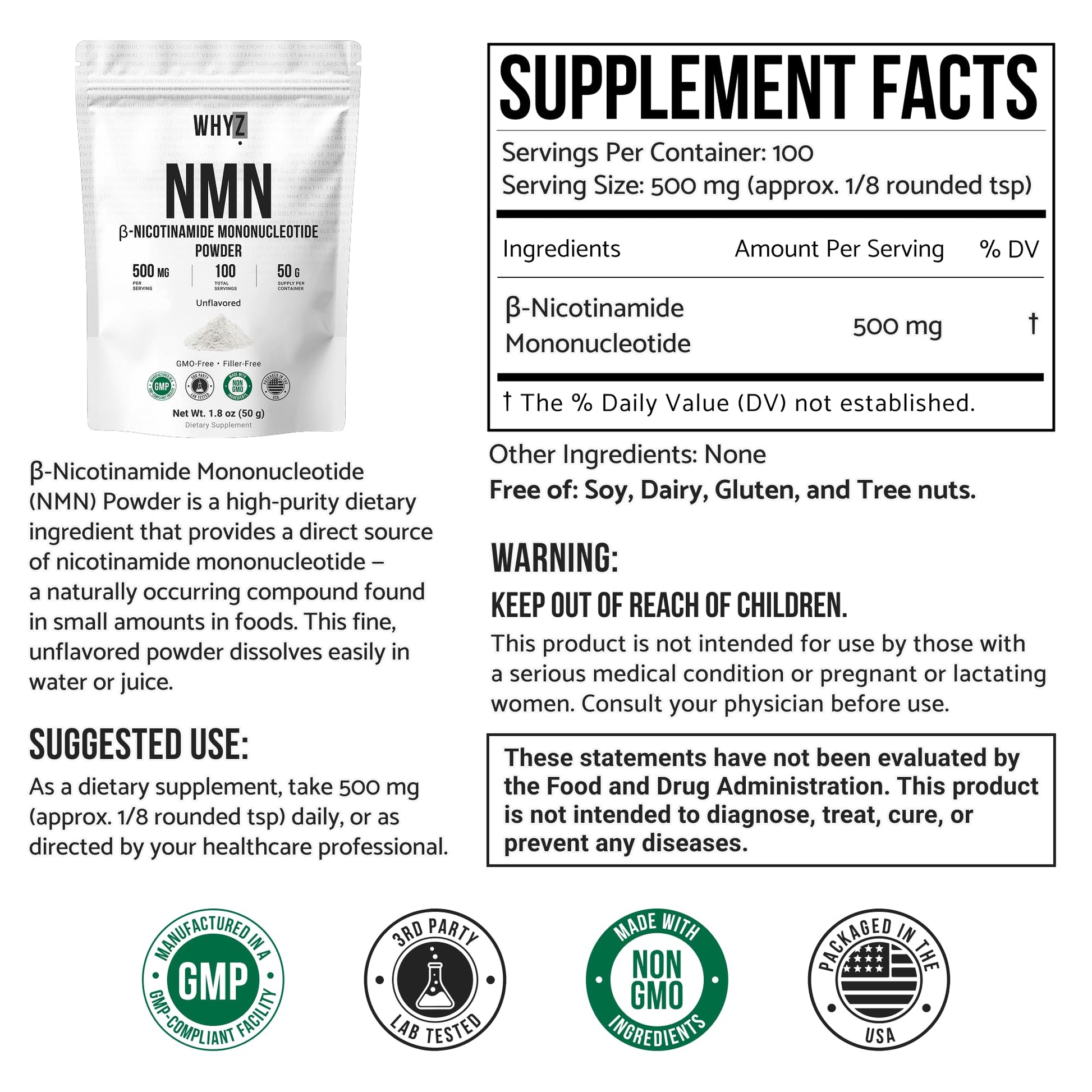 Pure NMN Powder Nicotinamide Mononucleotide Quick Dissolved NMN Supplement Powder 100% Unflavored NMN Supplement Supports NAD+ Levels Vegan Friendly Non-GMO, 50g WHYZ buy australia supplements