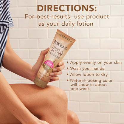 Jergens Natural Glow Self Tanner Body Lotion, Sunless Tanning, Medium to Deep Skin Tone, Daily Moisturizer with Coconut Oil, Vitamin E and Antioxidants, 7.5 Oz Jergens