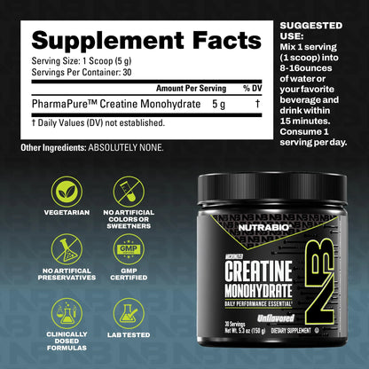 NutraBio Pure Micronized Creatine Monohydrate Powder Supplement, Unflavored, (150 g) - Supports Bulk Muscle Energy, Recovery, and Strength - HPLC Tested Creatine Powder Supplement for Men and Women NutraBio