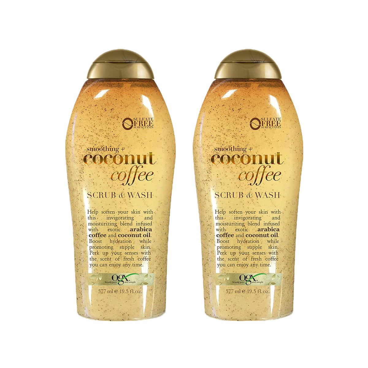 OGX Smoothing + Coconut Coffee Exfoliating Body Scrub with Arabica Coffee & Coconut Oil, Moisturizing Body Wash for Dry Skin, Paraben-Free with Sulfate-Free Surfactants, 19.5 Fl Oz, 2 Pack OGX