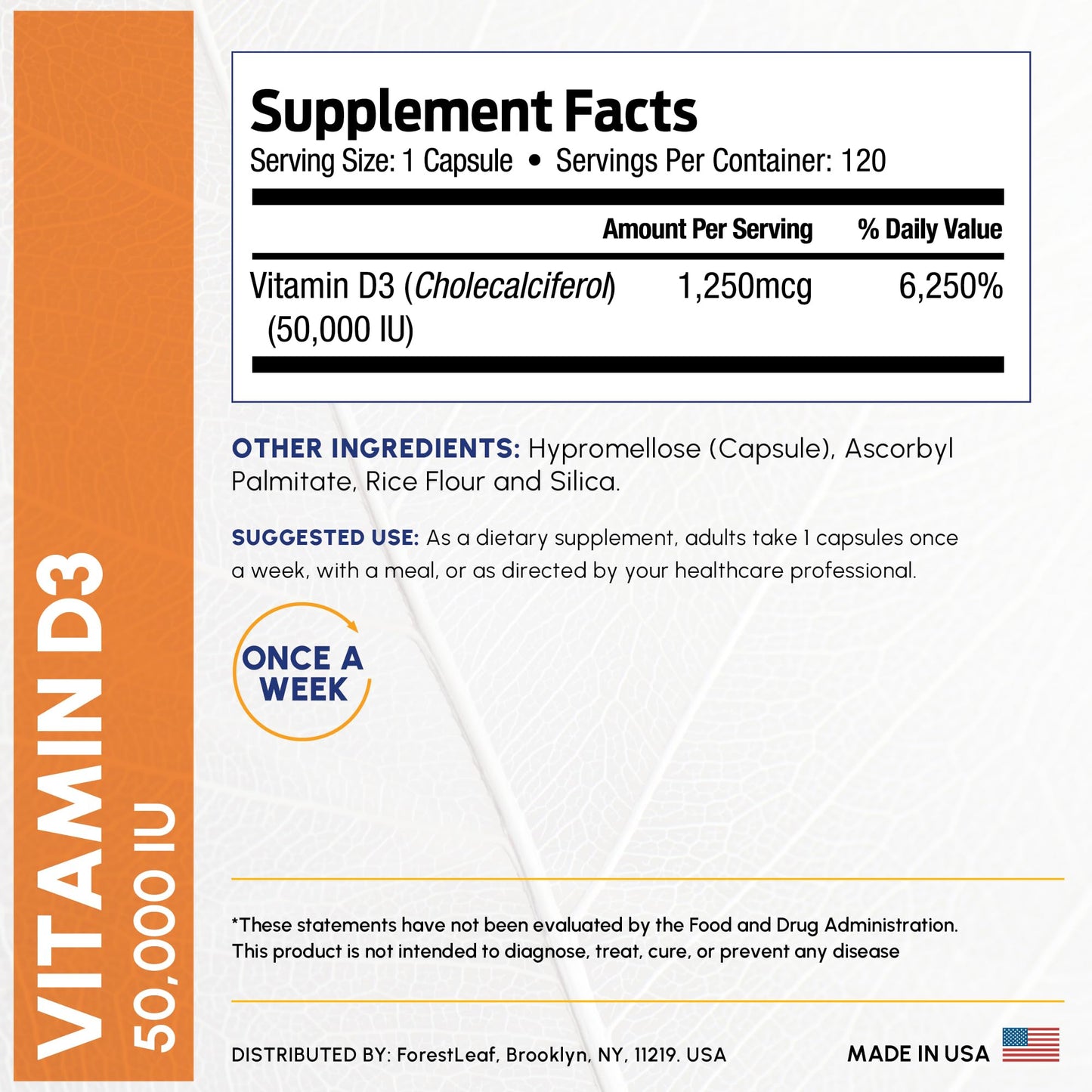 ForestLeaf Vitamin D3 50,000 IU | VIT D - Kosher VIT D3 Vitamin D Supplement for Women and Men | Bone Health, Teeth, Immune Support ForestLeaf