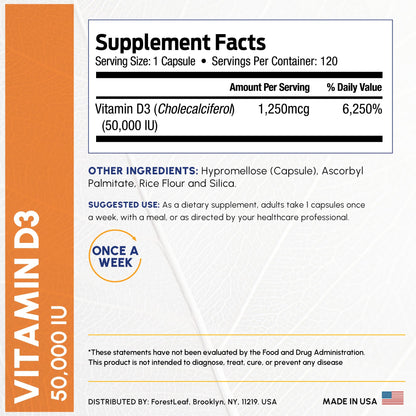 ForestLeaf Vitamin D3 50,000 IU | VIT D - Kosher VIT D3 Vitamin D Supplement for Women and Men | Bone Health, Teeth, Immune Support ForestLeaf