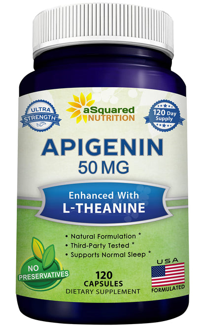 aSquared Nutrition Apigenin 50mg & L-Theanine 200mg - 120 Capsules - Apigenin Supplement Pills for Sleep and Relaxation aSquared Nutrition