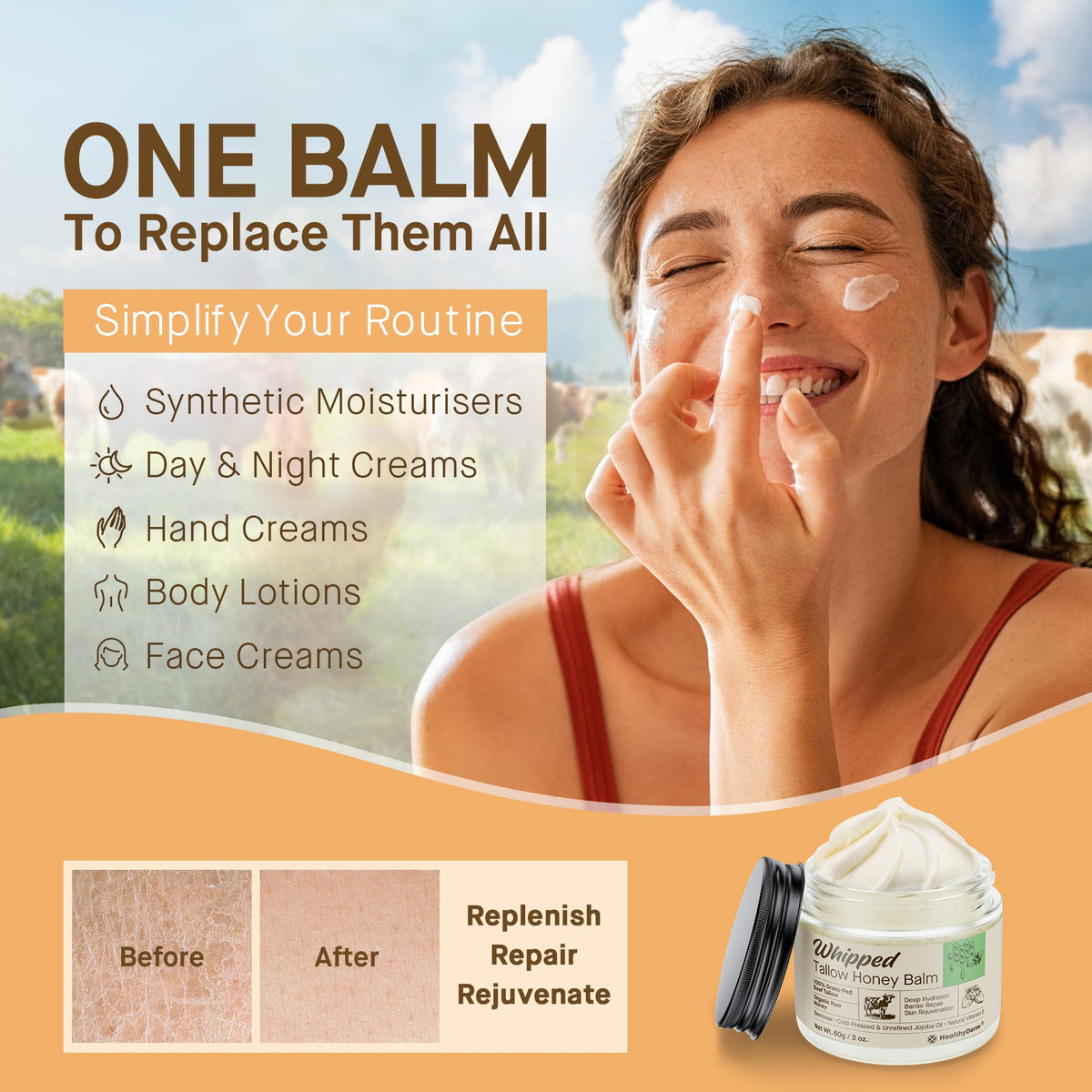 Beef Tallow Honey Balm for Skin: 100% Grass Fed Whipped Organic Moisturizer with Organic Raw Honey, Jojoba Oil, Vitamin E – Natural Face and Body Care for Mature, Dry or Sensitive Skin, 2oz HealthyDerm