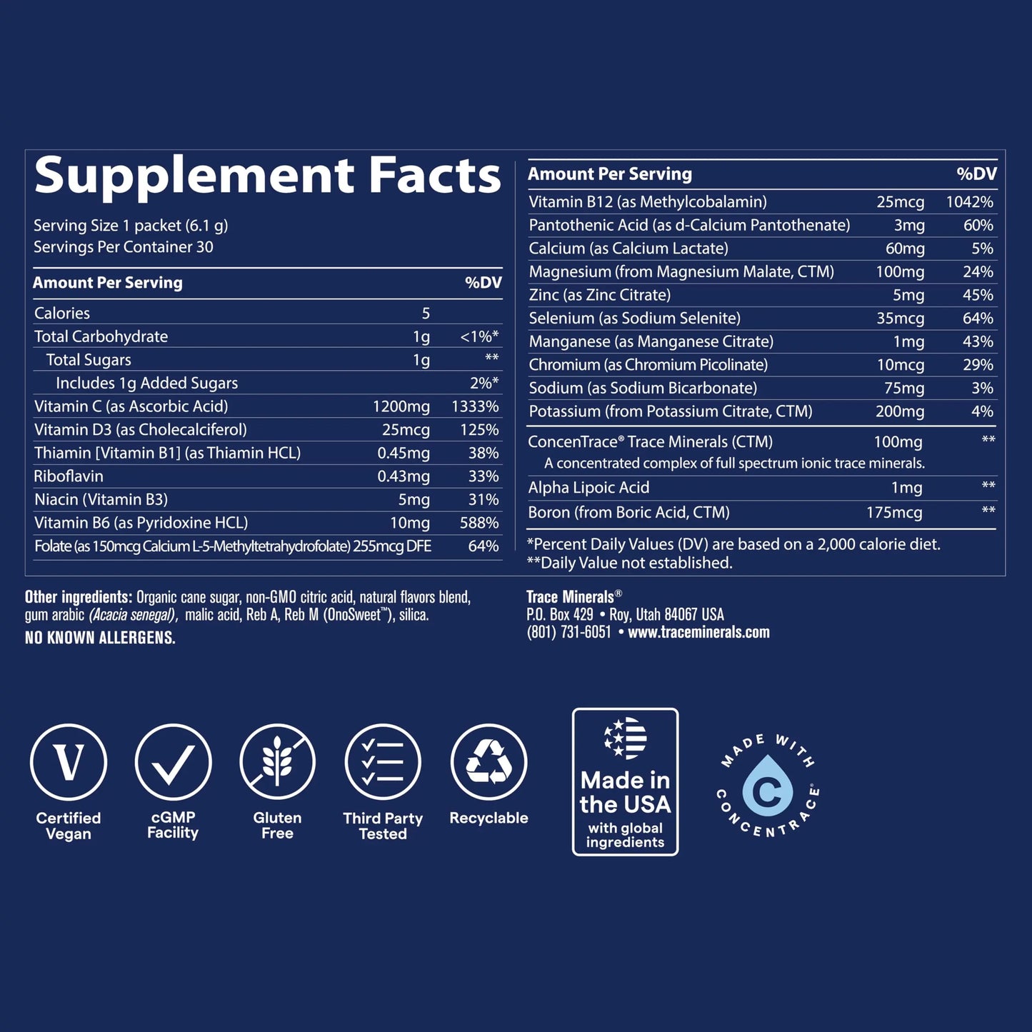 Trace Minerals Power Pak Multivitamin and Multimineral Packets - Electrolyte Support - 1200 mg Vitamin C plus 70+ Trace Minerals - Lemon Lime Flavor - 30 Packets Trace Minerals