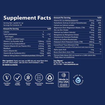 Trace Minerals Power Pak Multivitamin and Multimineral Packets - Electrolyte Support - 1200 mg Vitamin C plus 70+ Trace Minerals - Lemon Lime Flavor - 30 Packets Trace Minerals