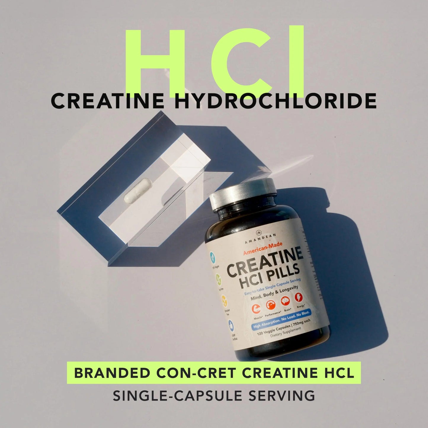 AMANDEAN Creatine HCl Pills. American Made CON-CRET. 120 Capsules. 7X Concentrated. No Bloat. Muscle, Energy, Cognitive, Recovery Support for Men & Women. Gluten Free, Non-GMO. AMANDEAN