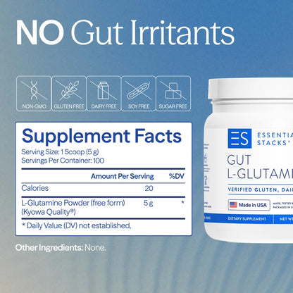 Essential Stacks Gut L-Glutamine Powder - Exclusively Made in USA - Pure L Glutamine Powder for Gut Health (100 Servings, Unflavored) Essential Stacks