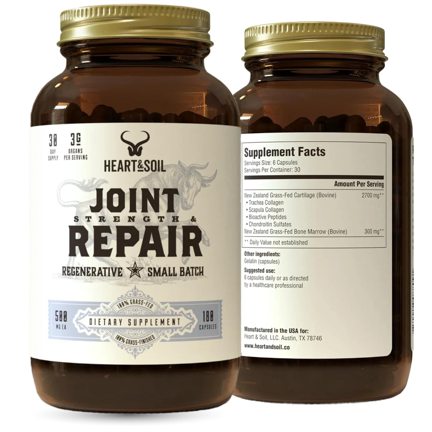 Heart & Soil – 100% Grass Fed & Finished Hair Skin and Nails Supplement from Regenerative Cattle with Cartilage, Liver, & Bone Marrow – 3000mg Beef Organs for Women & Men – Glass Bottle – 180 Capsules