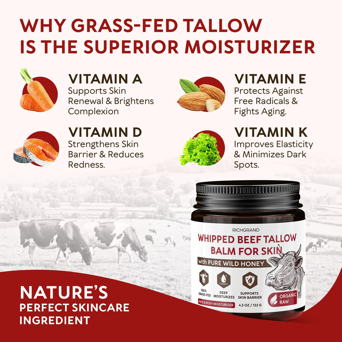 RICHGRAND Beef Tallow for Skin - Whipped Tallow and Honey Balm - Grass Fed Beef Tallow for Face, Daily Moisturizer & Body Butter - Natural Non Comedogenic Skincare (4.3 oz) RICHGRAND