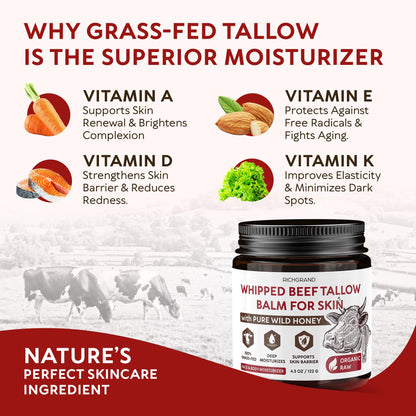 RICHGRAND Beef Tallow for Skin - Whipped Tallow and Honey Balm - Grass Fed Beef Tallow for Face, Daily Moisturizer & Body Butter - Natural Non Comedogenic Skincare (4.3 oz) RICHGRAND