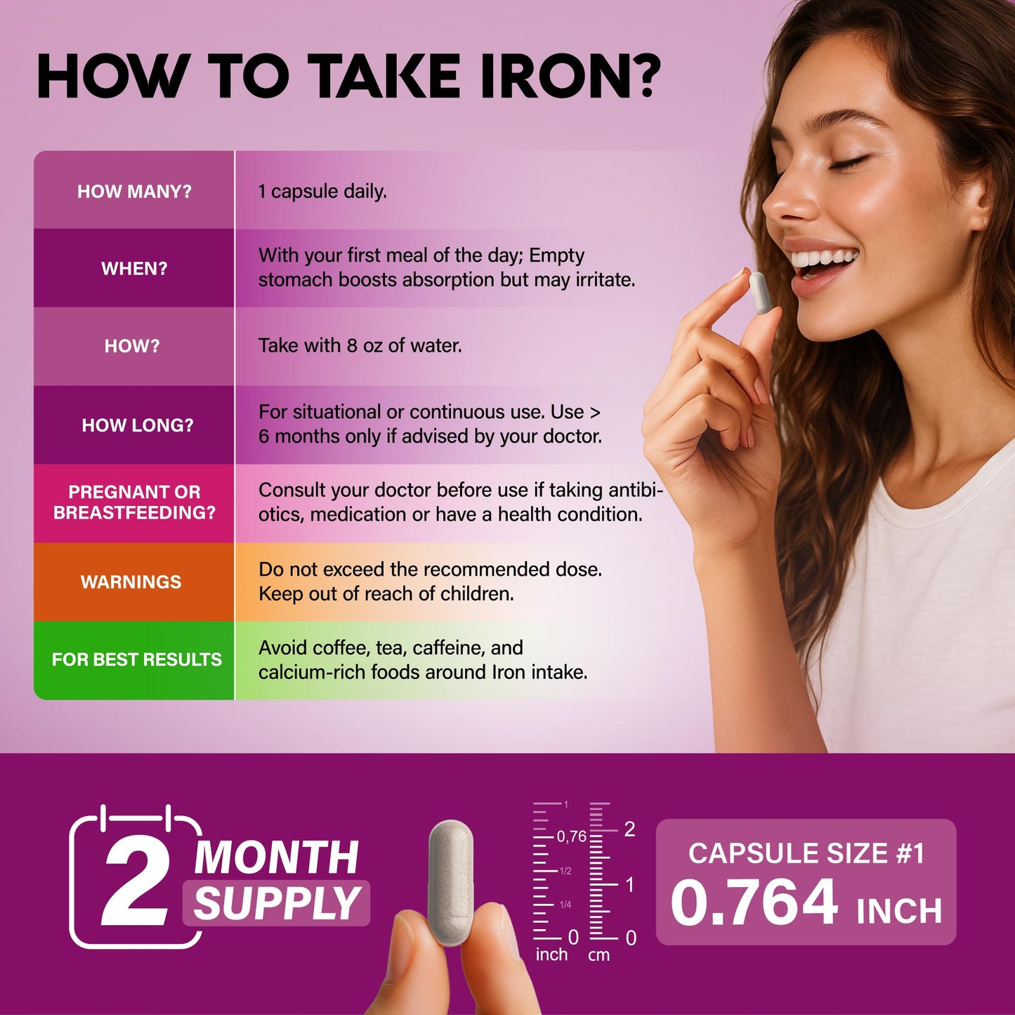 Iron Supplement for Women - Iron 65mg (Ferrous Sulfate 325mg) - Stomach Friendly | Slow Release Iron | High Absorption - Vitamins C, D3, B6, B12 & Folate NUTRAHARMONY