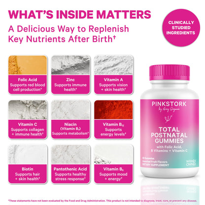 Pink Stork Total Postnatal Vitamin Gummies - Multivitamin for Postpartum Recovery and Lactation Support - Folic Acid, B6, and Vitamin C Pink Stork