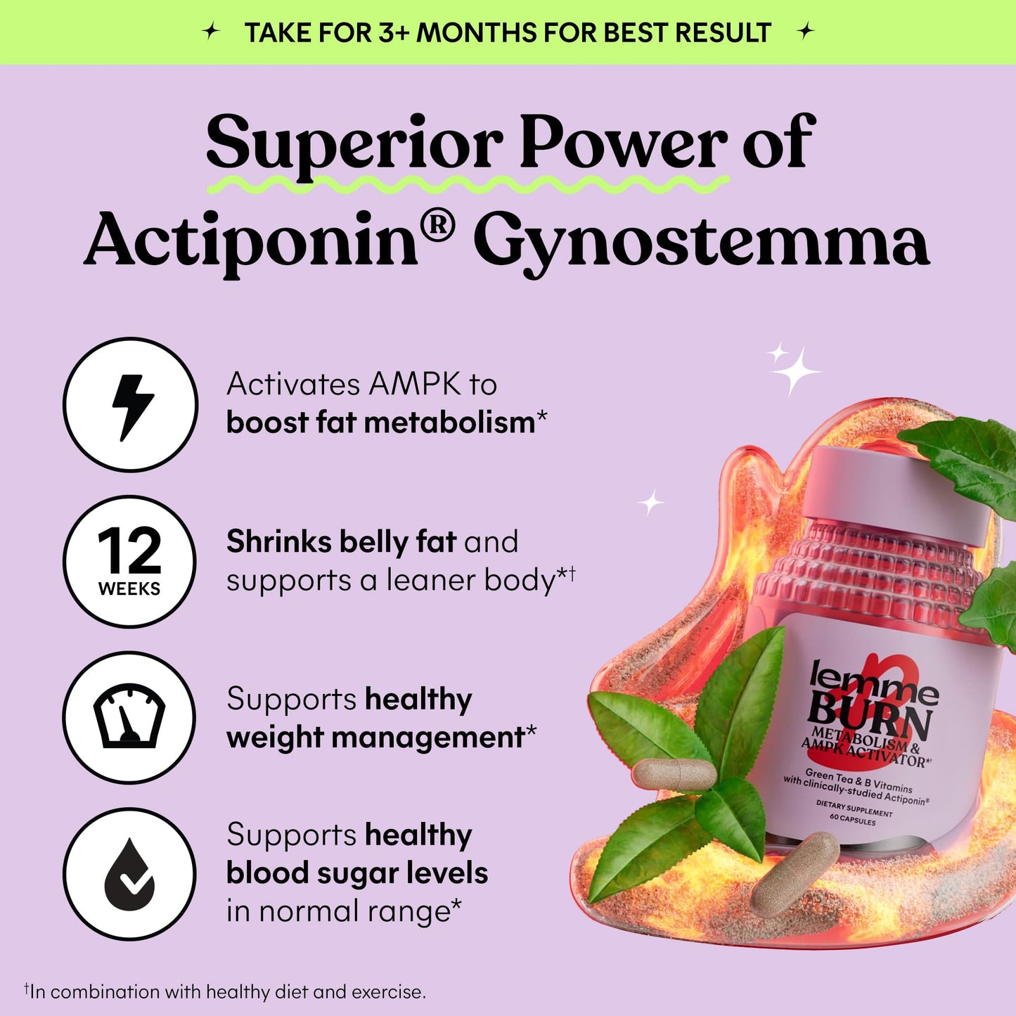 Lemme Burn - Metabolism, Belly Fat Burning + AMPK Activating Supplement for Men & Women w/Clinically Studied Actiponin Gynostemma, Green Tea Extract, Vitamins B6 & B12 - Gluten Free, 60 Count