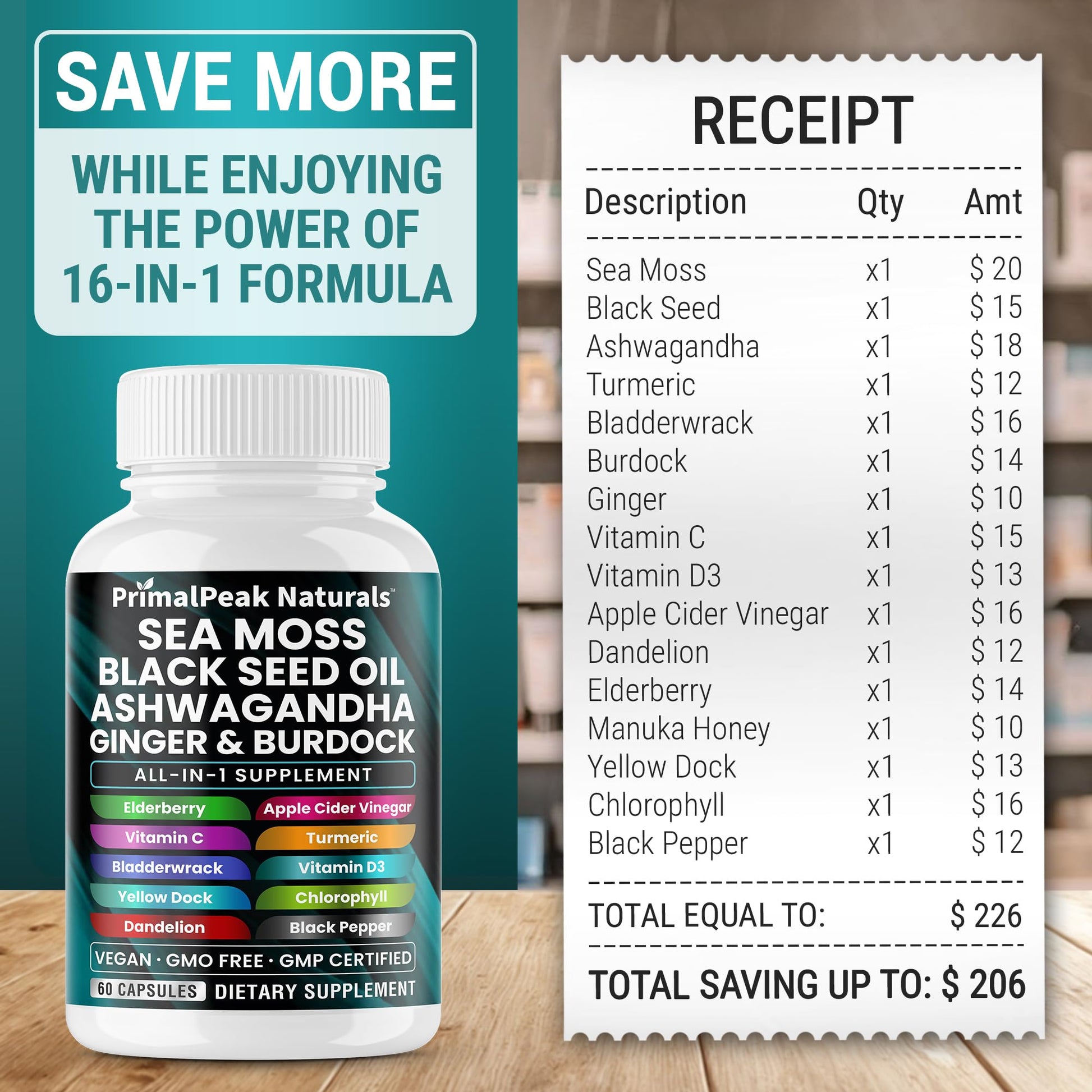 PrimalPeak Naturals Sea Moss Black Seed Oil Ashwagandha Ginger Burdock Bladderwrack Turmeric & Vitamin C Vitamin D3 with ACV Elderberry Chlorophyll Dandelion Yellow Dock Vegan Capsules - 60 Count PrimalPeak Naturals buy australia supplements